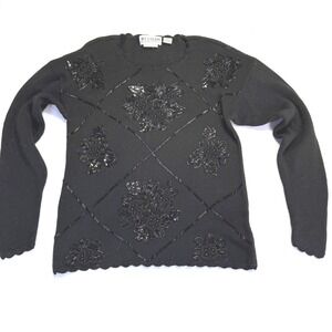 Vintage Western Connection‎ Petite Black Beaded Floral Sweater M